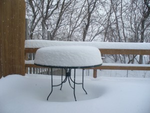 The table on my back deck after the morning's snow.