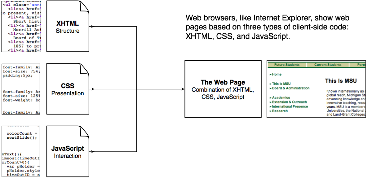 Diagram of XHTML CSS JavaScript as types of code in a web page