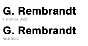 Comparison of Helvetica vs Arial. Note the capital G, R, and lowercase e, r, a, and t.