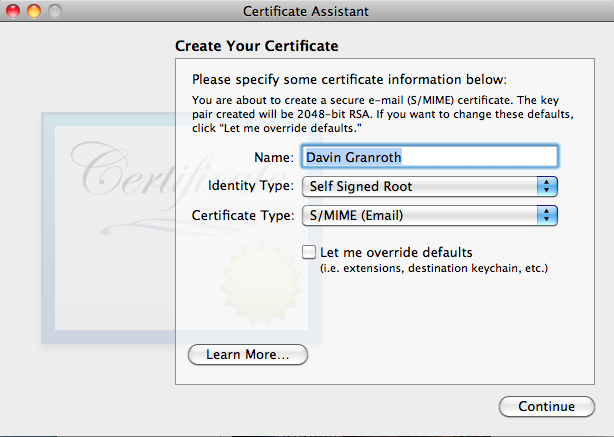 mac os x server create self signed cerificate for email