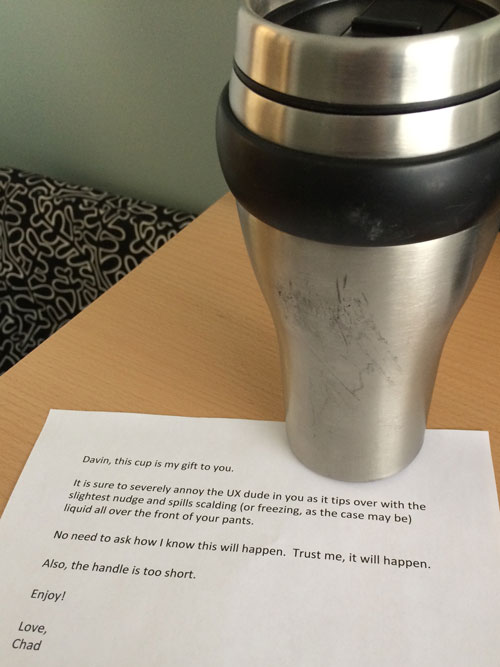 Poorly designed travel mug from a colleague
