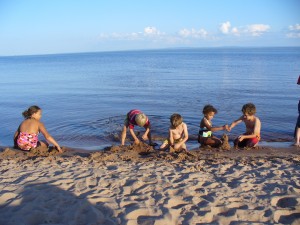 The kids on the beach.